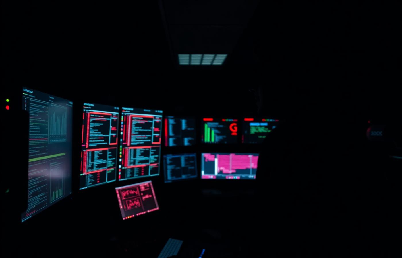 Network monitoring dashboards glowing in a dark operations centre