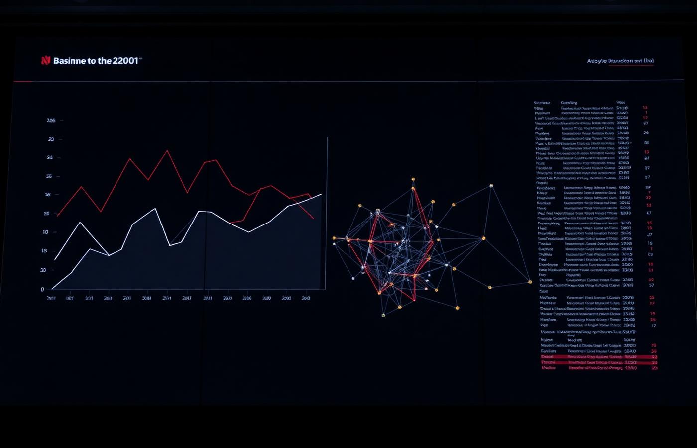 Data analytics charts and a network graph displayed on a dark screen