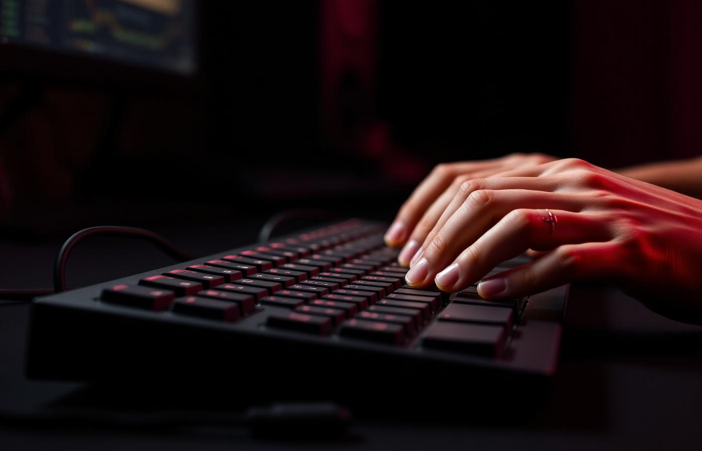 Engineer working at a keyboard in a dark studio lit with red light