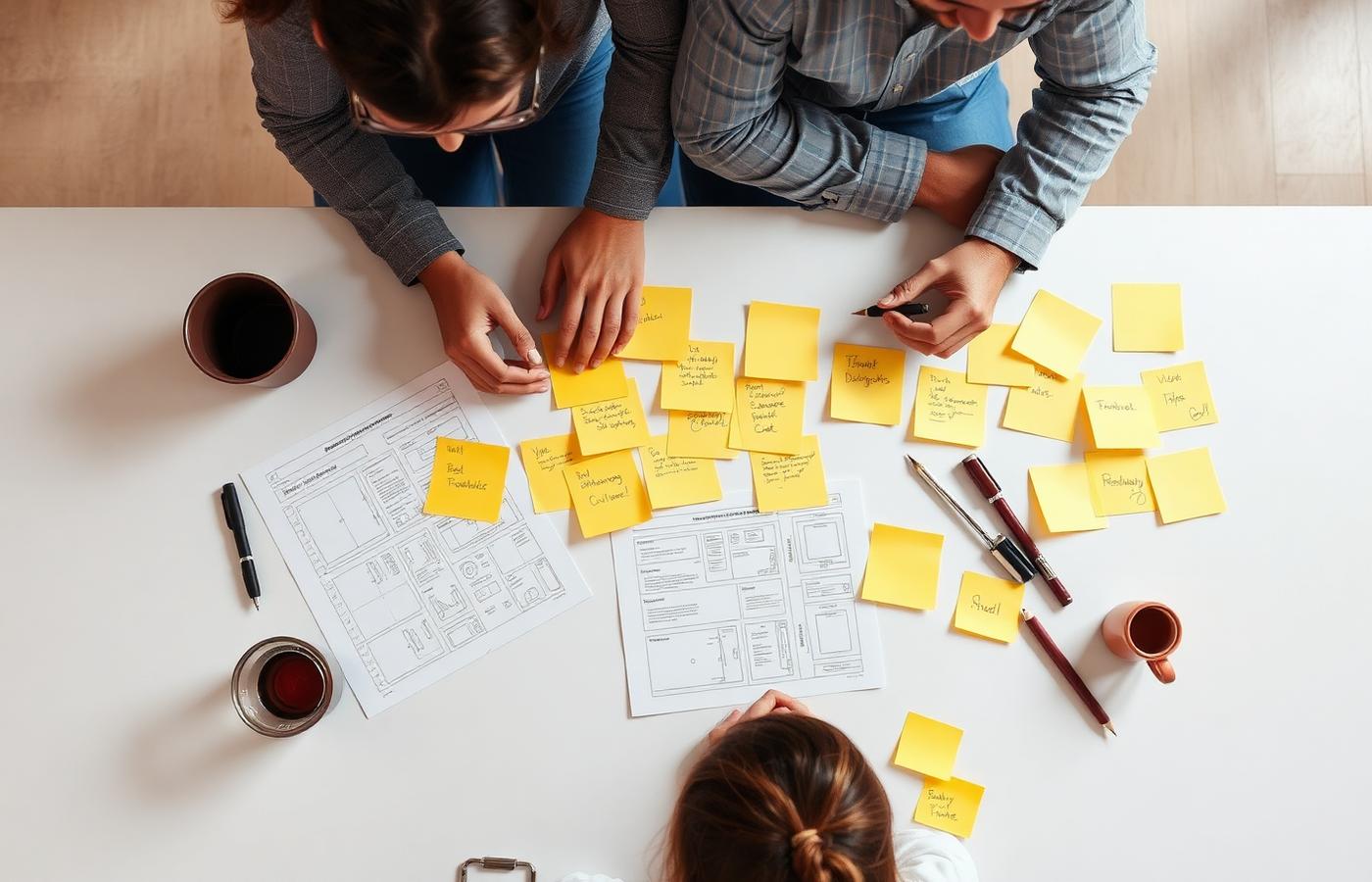 Designers reviewing printed wireframes and handwritten notes
