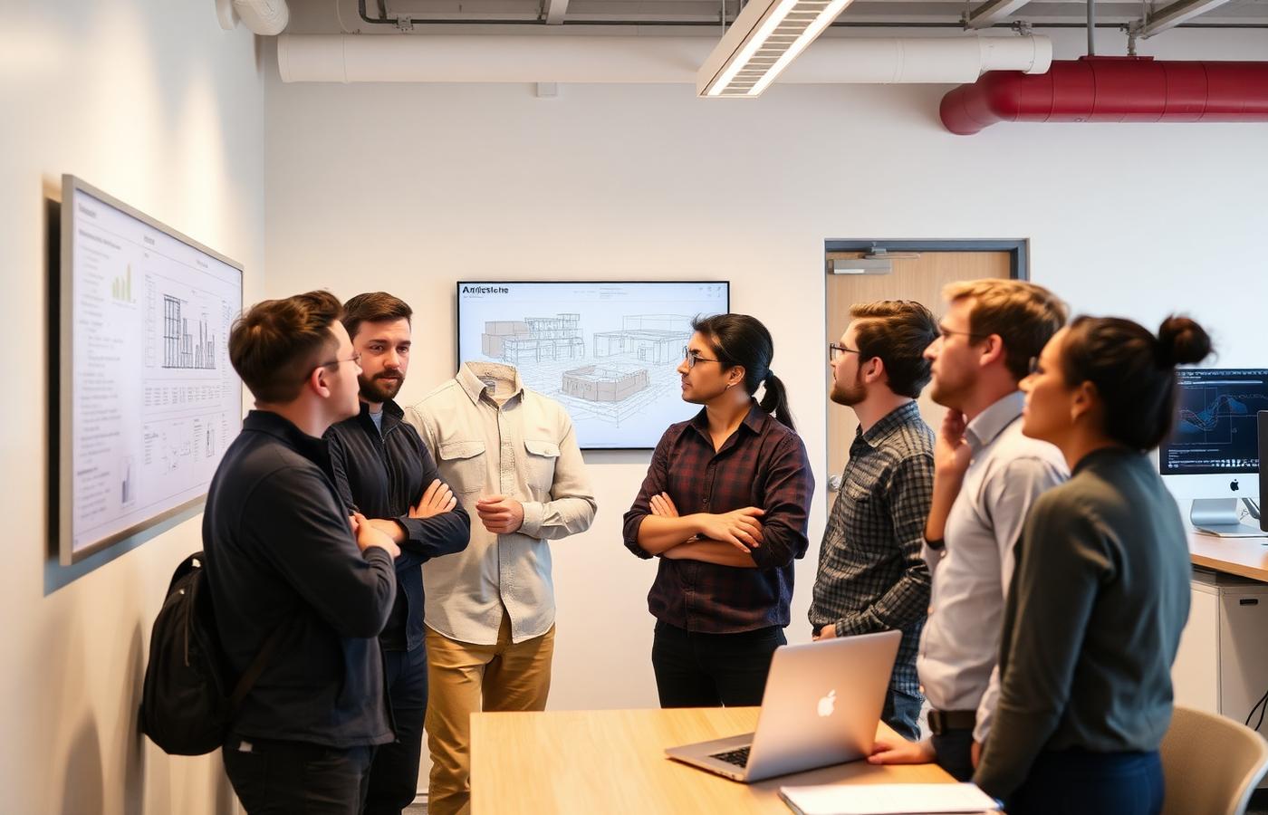 Engineering team discussing a system architecture diagram on a wall display